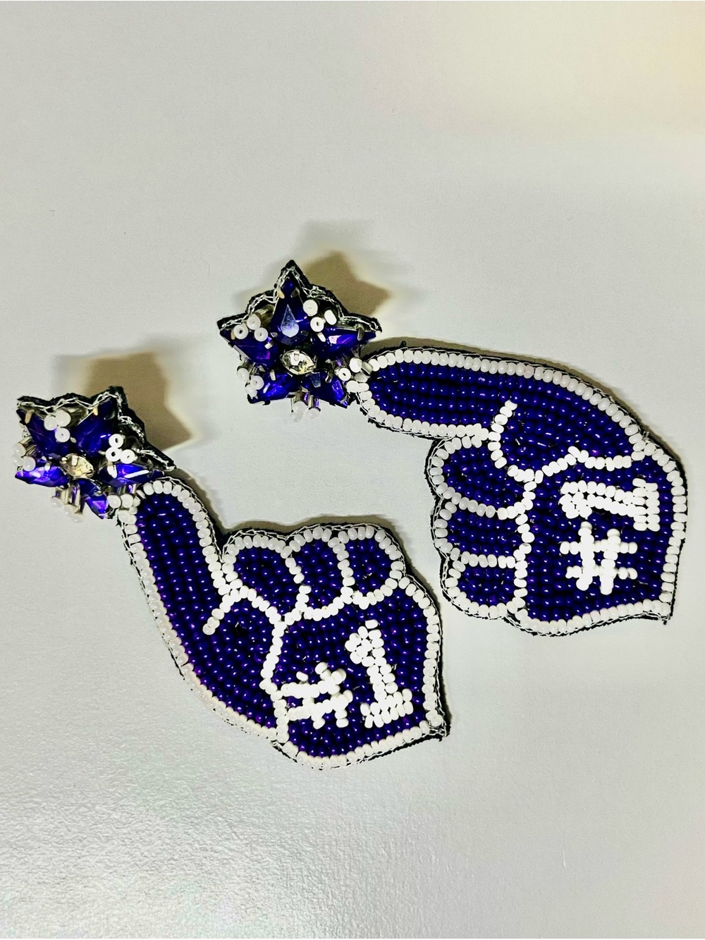 Beaded Foam Finger Statement Earrings - Royal Purple & White